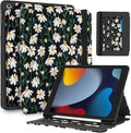 for iPad 9th/8th/7th Generation Case 10.2'' - Women Girls Cute Embroidered Folio Stand Cover with Pencil Holder &amp Card Slot Girly Black Daisy Floral Design Aesthetic Cases for iPad 7th/8th/9th
