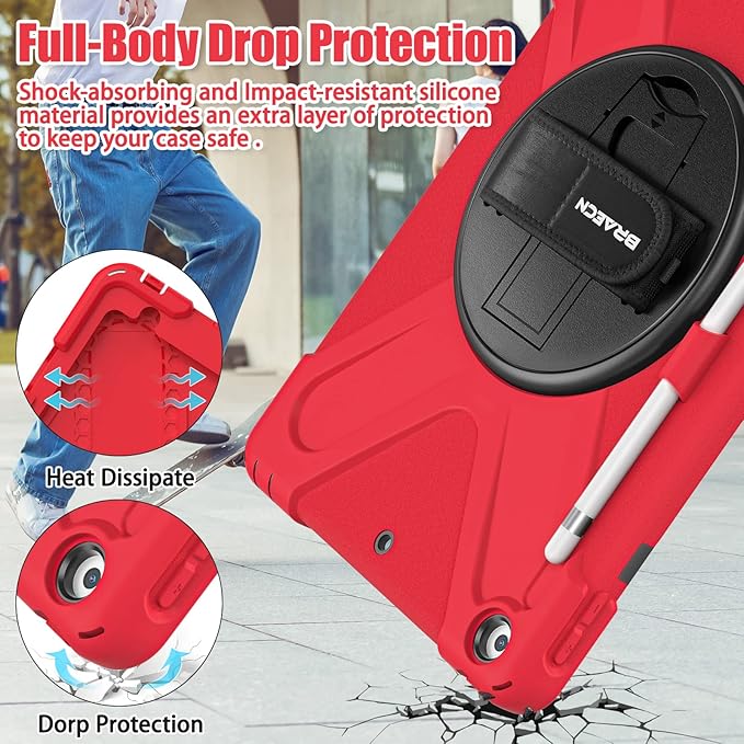 BRAECNstock for Apple iPad 9th/ 8th/ 7th Generation Case 10.2 2021/2020/2019 Shockproof Protective Case with Screen Protecter Pencil Holder 360° Rotating Stand+Hand Strap Shoulder Strap Red