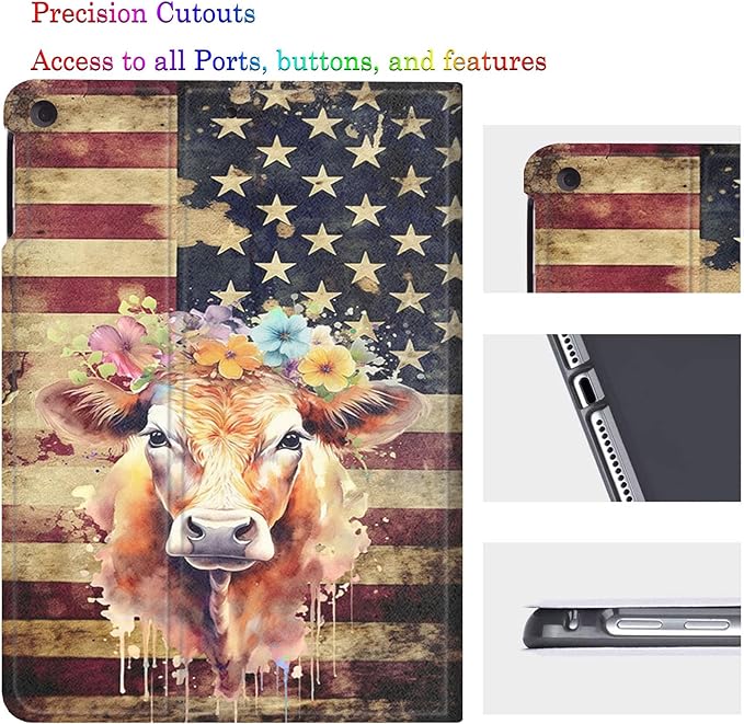 Case for iPad 10.2-Inch (2021/2020/2019 Model9/8/7 Generation)Adjustable Stand Auto Wake/Sleep Function Full Body Protection Cover - American Flag Cow