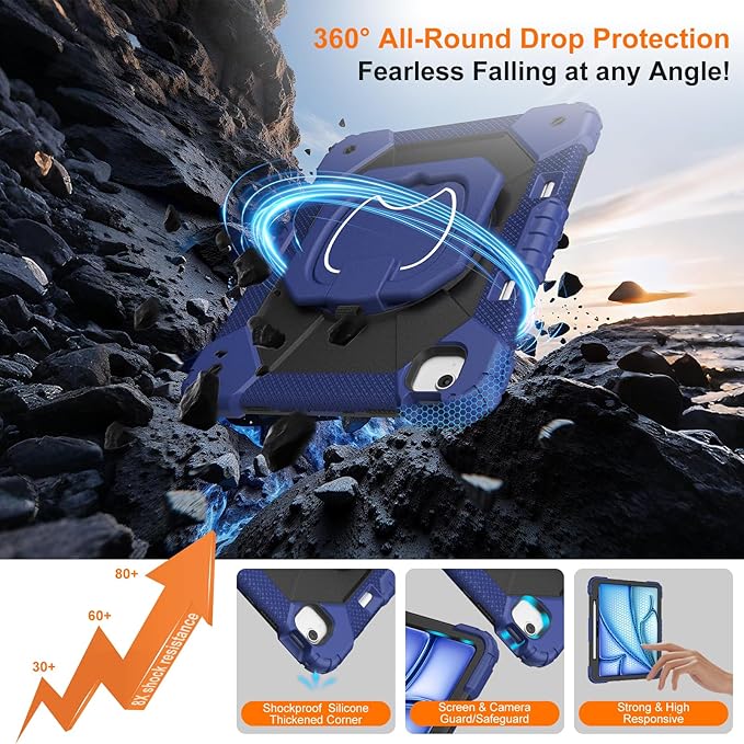 Case for iPad Air 13 Inch Case M4 2026/M3 2025/ M2 2024 Auorld for iPad Air 13 Inch Case M4 2026 Case with Screen Protector 360 Degree Rotating Stand Shoulder Strap Pencil Holder Navy Black