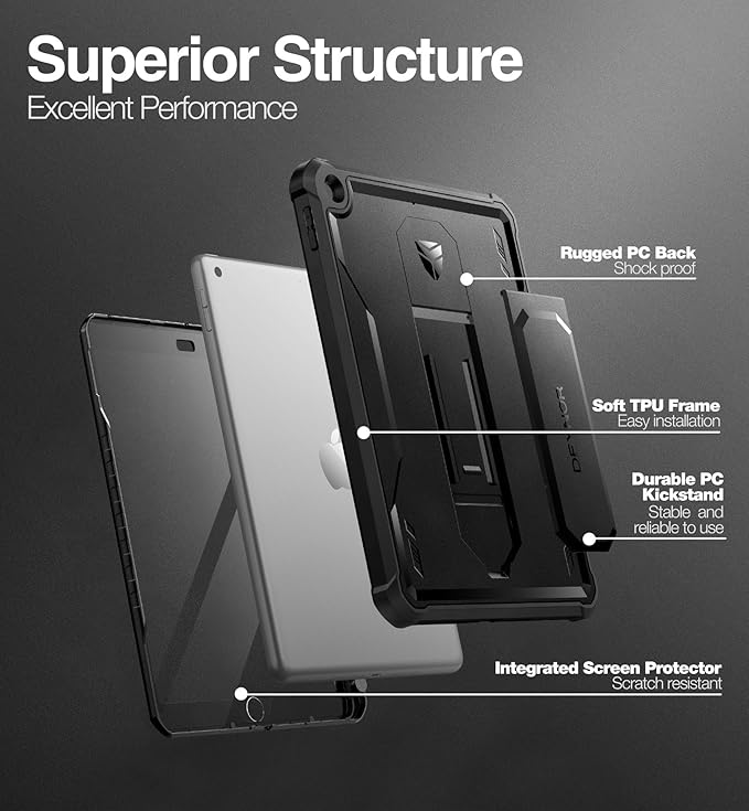 Dexnor for iPad 9.7 Inch 6th /5th Generation(2018/2017) [Built in Screen Protector &amp Kickstand] with Pen Holder Heavy Duty Shockproof Full Body Protective Cover for iPad 6th Generation Case-Black