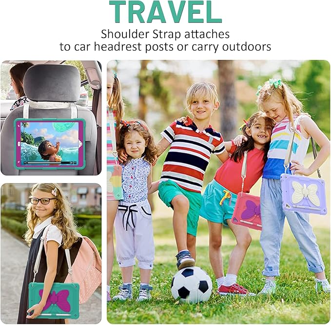 Ambison Case for iPad 9th/8th/7th Generation 10.2 inch with Glass Screen Protector Rugged Shockproof Protective Cover for Kids Girls Butterfly Stand Shoulder Strap for iPad 2021/2020/2019-Mint Green