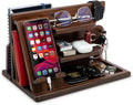 TESLYAR Wood Phone Docking Station for Men - Desktop or Nightstand Organizer - Birthday gifts for Men or Dad - Anniversary Idea from Wife - Key Holders for Wallet Watch &amp Essentials (Chestnut Br