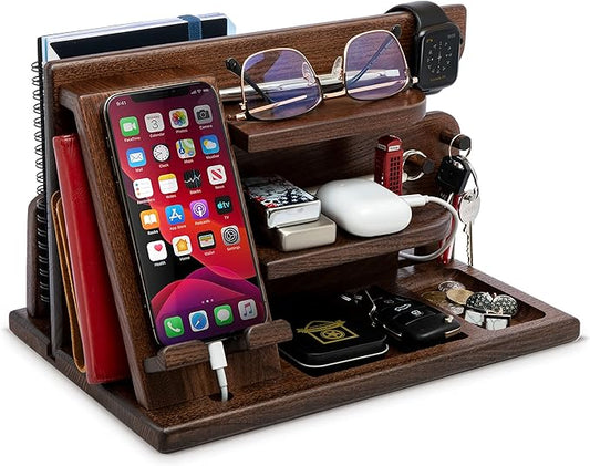 TESLYAR Wood Phone Docking Station for Men - Desktop or Nightstand Organizer - Birthday gifts for Men or Dad - Anniversary Idea from Wife - Key Holders for Wallet Watch &amp Essentials (Chestnut Br