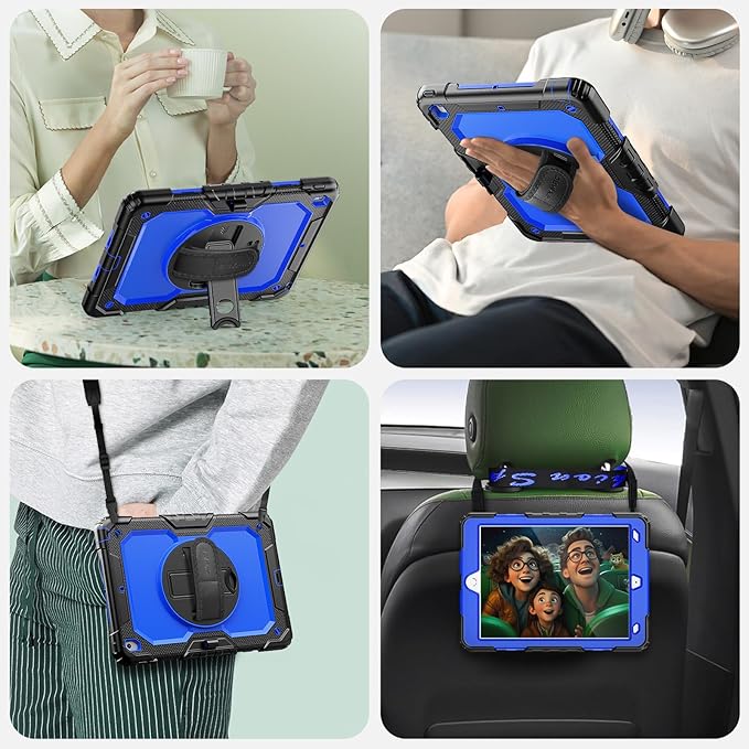 SEYMAC for iPad 9th/8th/7th Generation Case 10.2 2021-2019 Full-Body Shockproof Heavy Duty Protective Case with Screen Protector Rotating Stand/Handle/Shoulder Strap for iPad 10.2 Black/Blue