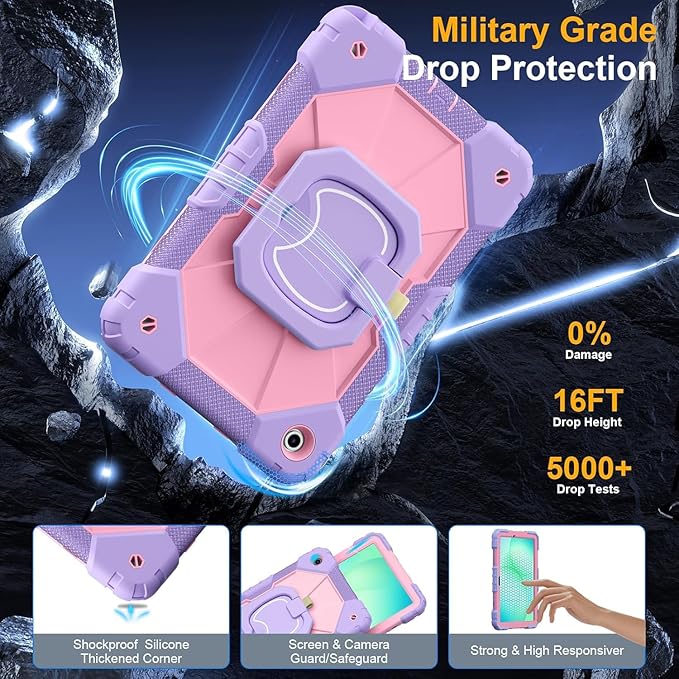 for Samsung Galaxy Tab A11+ Plus/A9+ 11 Inch Case 2025/2023 Cute Shockproof Silicone Business Protective Cover for Galaxy A9+/A11+ with 360 Rotating Stand Handle Shoulder Strap Purple Pink