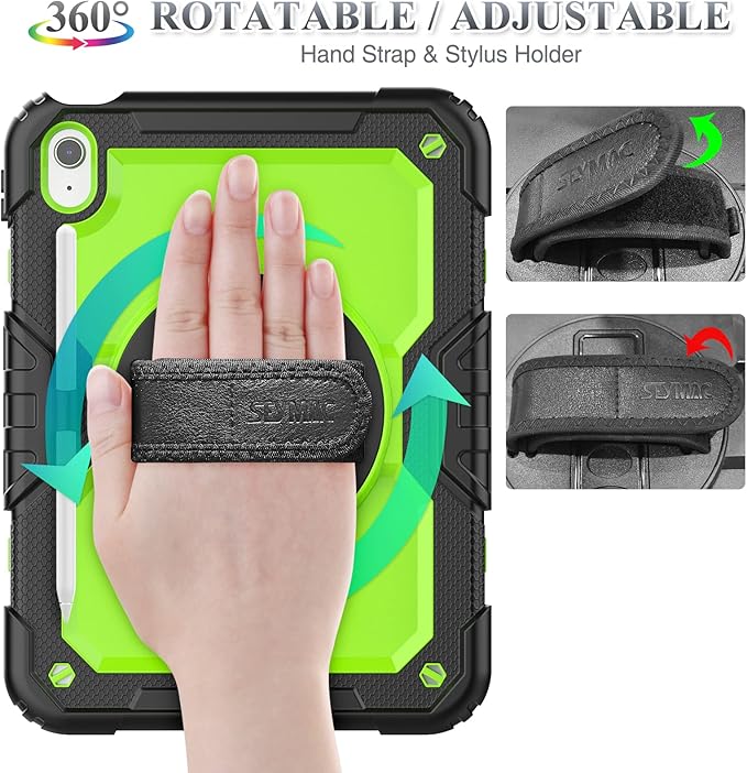 SEYMAC stock Case for iPad (A16) 11th/10th Generation 11''/10.9'' 2025/2022 Full-Body Drop Protection Case with Screen Protector &amp360° Rotate Hand Strap/Stand Green+Black