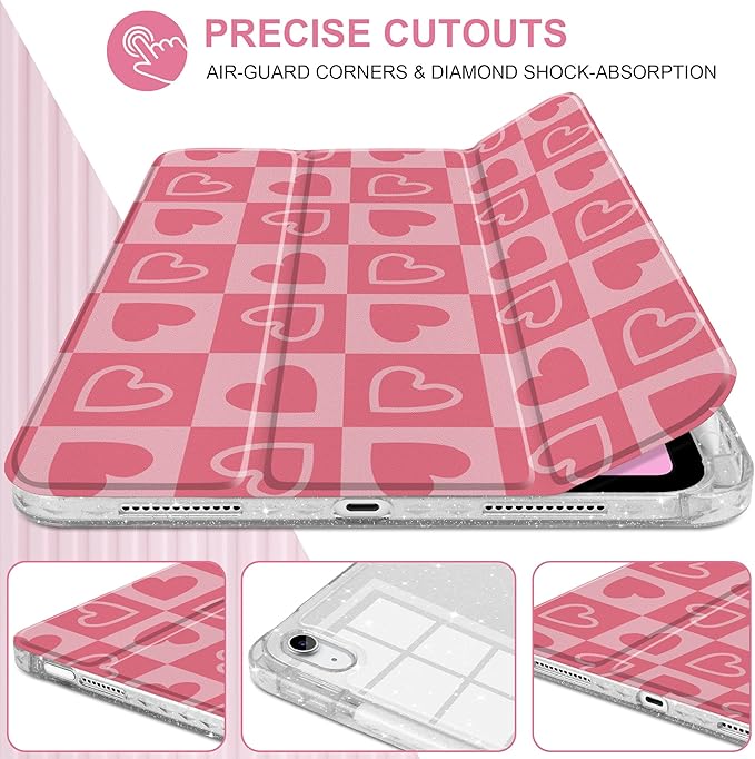 MEEgoodo Case for iPad A16 11th Generation 2025/10th Generation 2022 Glitter Tablet Cases with Transparent Acrylic Back+Trifold Stand +Pencil Holder+Auto Wake/SleepHearts &amp Pink Checkered