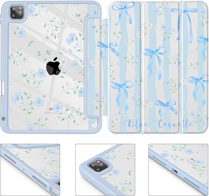 May Chen for iPad Pro 11 inch M2 4th Generation 2022 iPad Pro 11 3rd/2nd/1st Gen Built-in Pencil Holder with Shockproof Cover Clear Transparent Back Shell Auto Wake/Sleep Flower Blue Waves