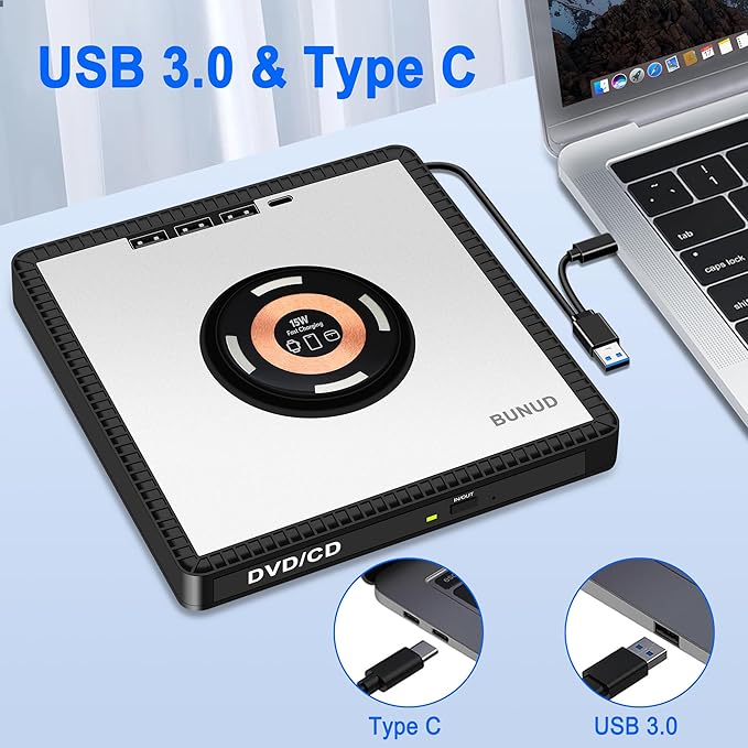BUNUD External DVD Drive with Wireless-Charger: USB CD Burner &amp 15W Fast Charging for iPhone 17 16 15 14 13 12 Series - External DVD Player for Laptop Mac Apple Windows with SD/TF/3 USB Ports