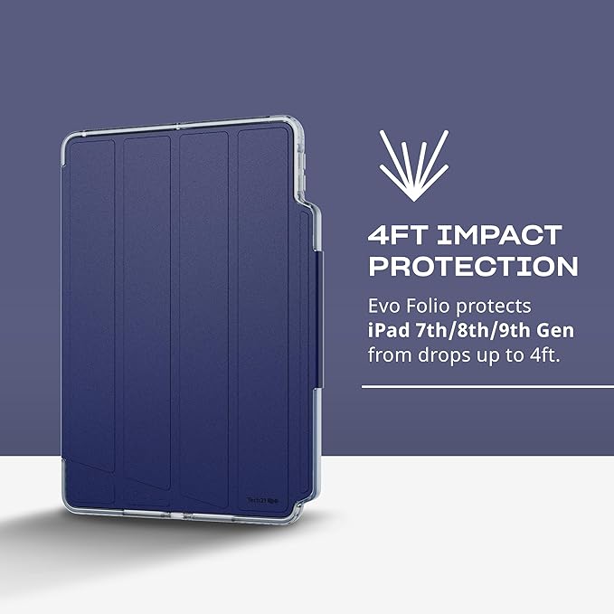 Tech21 EvoFolio case for iPad 7th/8th/9th Gen - Impact Protection iPad case with Multi-Angle Viewing Wake/Sleep Cover - Blue