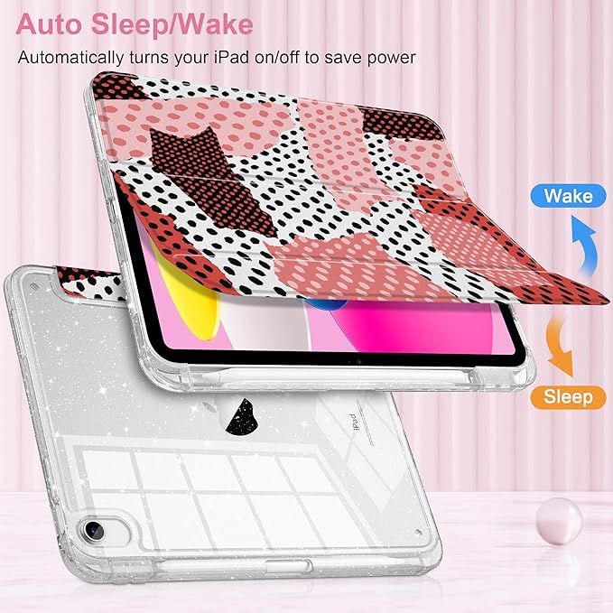 MEEgoodo Case for iPad A16 11th Generation 2025/10th Generation 2022 Glitter Tablet Cases with Transparent Acrylic Back+Trifold Stand +Pencil Holder+Auto Wake/SleepModern Creative Pattern