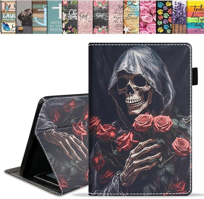 Case for All-New Amazon Fire HD 10 &amp 10 Plus Tablet 10.1 (13th/11th Generation 2023/2021 Release) Slim PU Leather Stand Cover with Card Slot &amp Auto Wake/Sleep - Skull Roses