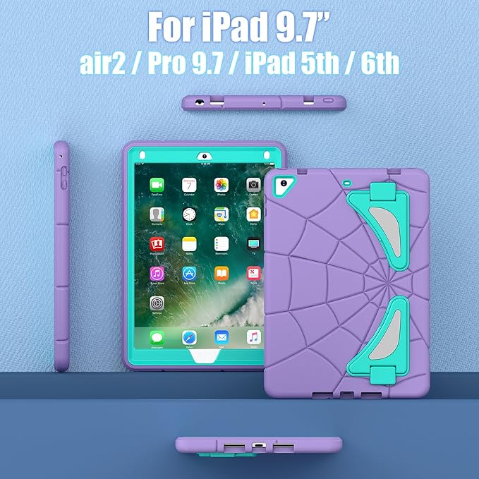 Compatible with Apple iPad 9.7 5th/6th(2017/2018)/Air 2/Pro 9.7 Tablet CaseLightweight Shockproof Rugged Protective Cover with Kickstand for Kids Children Boys Babies Purple Mint Green