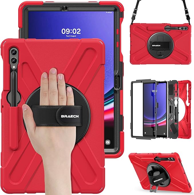 BRAECN for Samsung Galaxy Tab S10 Plus Case 2024/S9 Plus/S9 FE+/S8 Plus/S7 Plus /S7 FE 12.4 InchHeavy Duty Shockproof Case with S Pen Holder&amp360 Rotating Hand Strap/Kickstand Shoulder StrapRed