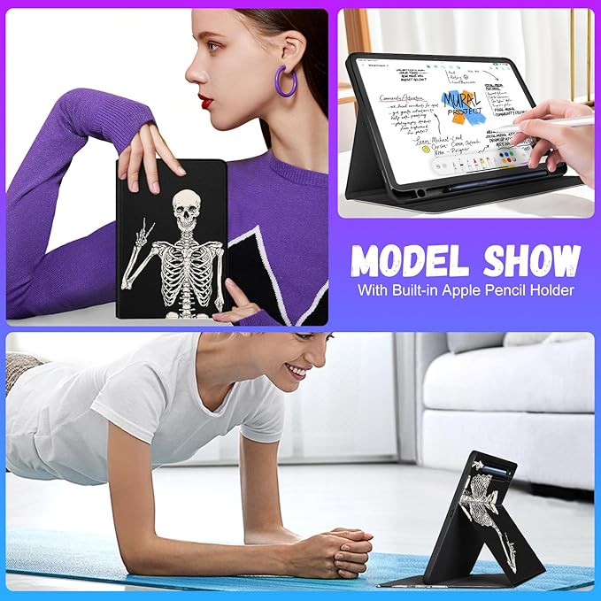 for Samsung Galaxy Tab S9 Plus/S9 FE Plus Case 12.4 Inch 2023 for Women Girls Boys Men Cute Folio Cover with Pencil Holder Cool Design Skeleton Skull Gothic Tablet Cases for Tab S9+/S9 FE+