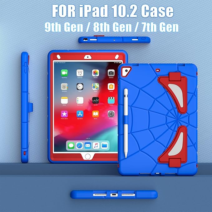Compatible with Apple iPad 10.2 7th 8th 9th(2019/2020/2021) Tablet CaseLightweight Shockproof Rugged Protective Cover with Kickstand for Kids Children Boys Babies Blue Red