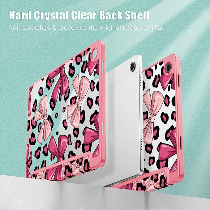 Tuiklol for Samsung Galaxy Tab A9+ Tablet 11” / A9+ Plus 2024 2023Buit-in S-Pen Holder with Clear Protective Cover Transparent Back Shell Auto Wake/Sleep Samsung Tab A9 Plus CoverLeopard Print Bow
