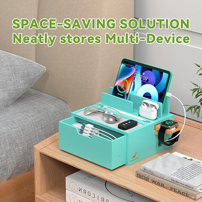 Pezin &amp Hulin Bamboo Charging Station for Multi Device with Power Charger &amp Cables Nightstand Docking Stand with Felt Pad Tray &amp Drawer Compatible with Tablet Cell Phone Smart Watch-T