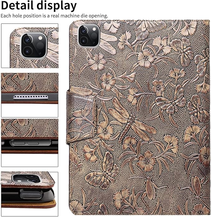 Gexmil Case for iPad Pro 11 Inch4th/3rd/2nd/1st Generation(2022/2021/2020/2018) Genuine Leather Cover with Pencil HolderCowhide Folio CoverAuto Sleep/Wake Anti SlipButterfly Pattern