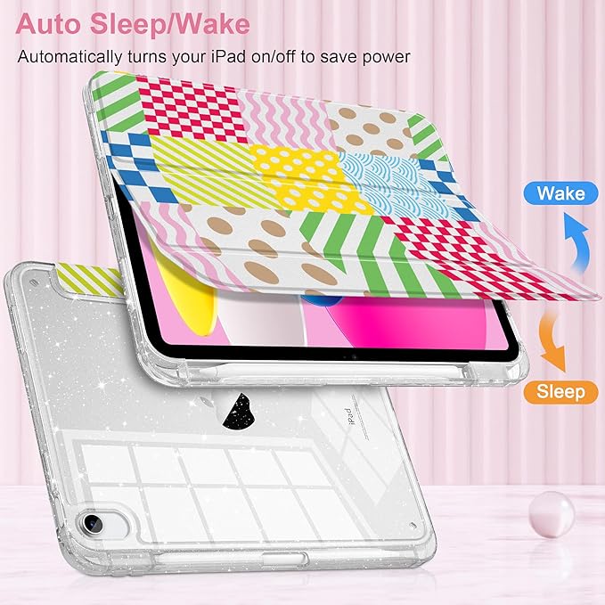 MEEgoodo Case for iPad A16 11th Generation 2025/10th Generation 2022 Glitter Tablet Cases with Transparent Acrylic Back+Trifold Stand +Pencil Holder+Auto Wake/SleepChecked &amp Striped &amp Wave