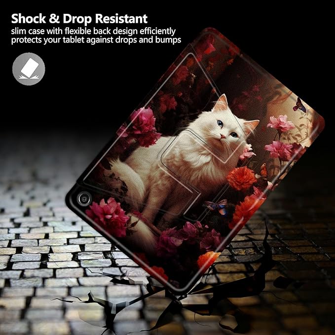 Case for All-New Kindle Fire 7 Tablet (12th Generation 2022 Release)360 Degree Rotating Swivel Stand Protective Cover for Fire 7 TabletWhite Cat Flower