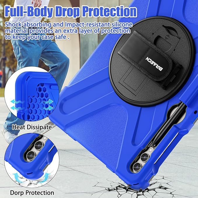 BRAECNstock Case for Samsung Galaxy Tab S10+ Plus/ S9 FE+ Plus/ S9+ Plus/ S8+ Plus/ S7 FE/ S7+ Plus 5G 12.4 inch Shockproof Protective Kids Cover with Pen Holder Rotating Hand Strap &amp Stand - Blue