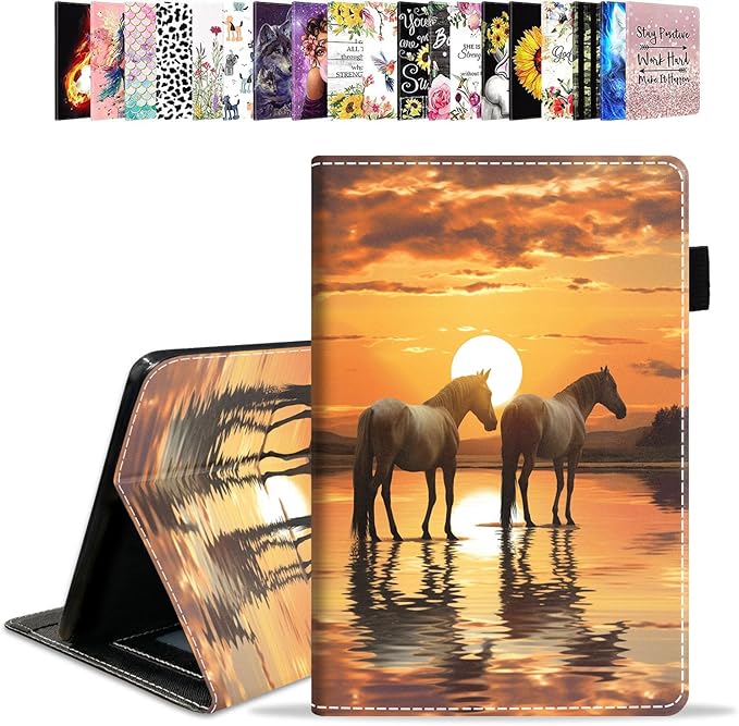 Case for All-New Amazon Kindle Fire HD 10 &amp 10 Plus Tablet 10.1 (13th/11th Generation 2023/2021 Release) - PU Leather Folio Case with Smart Auto Wake/Sleep Horse at Sunset