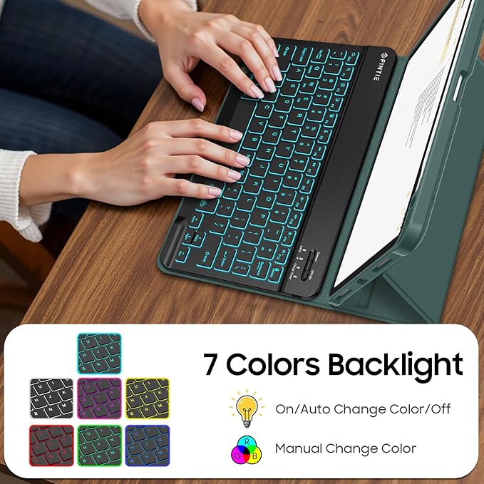 Fintie Backlit Keyboard Case for iPad Air 11-inch M4/M3/M2 (2026/2025/2024) iPad Air 5th/4th Gen 10.9 Inch - Soft TPU Cover with 7 Color Backlight Detachable Bluetooth Keyboard Midnight Green
