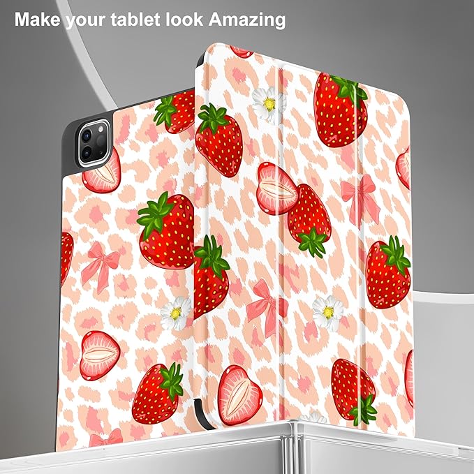 May Chen Case for iPad Pro 11 inch (4th 3rd 2nd &amp 1st Gen) 2022 2021 2020 2018Trifold Stand with Auto Wake/Sleep Soft TPU Protective Stand Back Cover Leopard Print Strawberry