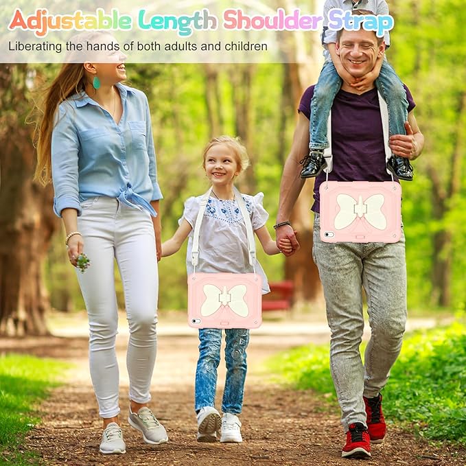 Case for iPad (A16) 11th/10th Generation 2025/2022 11/10.9 for Kids Girls with 9H Tempered Glass Screen Protector Rugged Shockproof Protective with Butterfly Stand Carrying Strap-Rose Pink