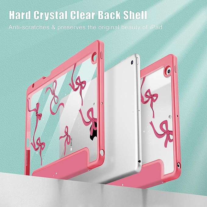 May Chen for iPad 9th Generation with Pencil Holder iPad 8th/7th Gen Case 10.2-inch [Penceil Holder] Trifold Stand Auto Wake/Sleep Clear TPU Protection Back Cover Watermelon red Bow