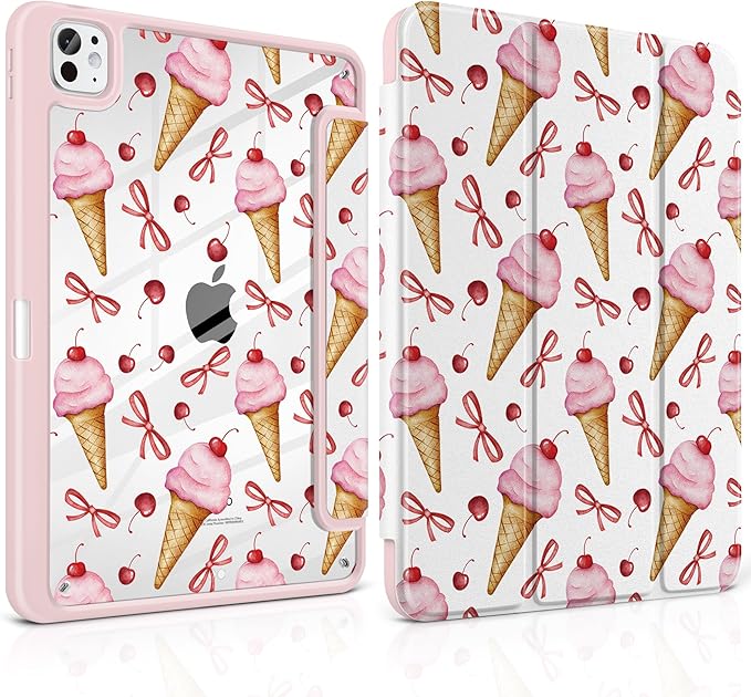 TWOLSKOO Case for iPad Pro 11-inch (M5 2025 / M4 2024) Clear Acrylic Back with TPU Bumper Pencil Holder Trifold Stand Auto Sleep/Wake Ice Cream &amp Bows