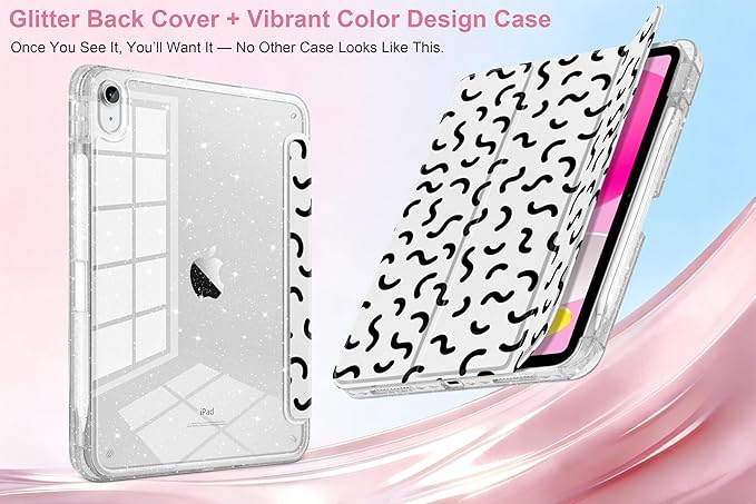 MEEgoodo Case for iPad A16 11th Generation 2025/10th Generation 2022 Glitter Tablet Cases with Transparent Acrylic Back+Trifold Stand +Pencil Holder+Auto Wake/SleepCartoon Line