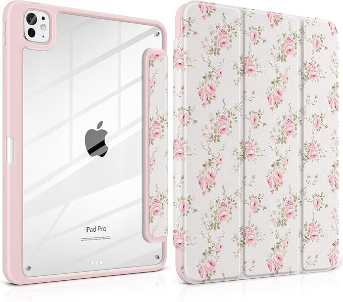 Case for iPad Pro 11 Inch (M5 2025 M4 2024) – [Built-in Pencil Holder] Shockproof &amp Stylish Clear Hard Back + Soft TPU Edge Magnetic Trifold Stand Auto Wake/Sleep Little Rose