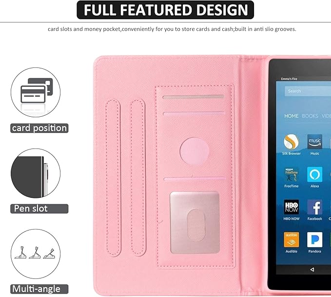 Dteck for Fire HD 8 (8th/7th/6th Generation) Smart Folio Case 2018/2017/2016 Release (8) with Auto Sleep Wake/Stand/Card Slots/Stylus PU Leather Protective Cute Slim Magnetic Cover Pink Mandala