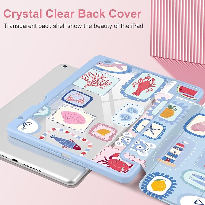 MEEgoodo Case for iPad 10.2 inchTablet Cases for iPad 9th Generation 2021/8th Gen 2020/7th Gen 2019 with Clear Acrylic Back Shell+Pencil Holder+Auto Wake/Sleep+Trifold Stand Marine Stamps Pattern