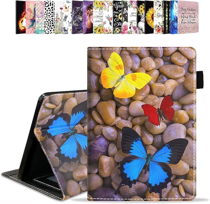 Case for All-New Amazon Kindle Fire 7 Tablet (7 12th Generation 2022 Release) Latest Model - PU Leather Folio Case with Smart Auto Wake/Sleep Cobblestone and Butterfly