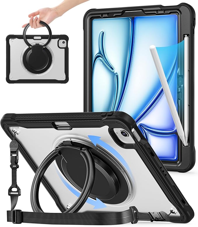 BATYUE Case for iPad Air 11-inch M4(2026)/M3(2025)/M2(2024) iPad Air 4/5 10.9 &amp Pro 11 2018-2022 - Shockproof Case with 360° Rotating Stand &amp Handle Pencil Holder Shoulder Strap Black