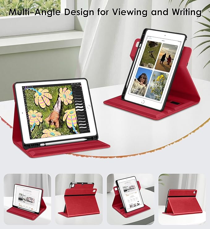 DTTO for iPad 6th / 5th Generation 9.7 Inch (2018/2017) iPad Air 2 / Air 1 Case 360 Degree Rotating Premium Leather Folio Stand Cover with Pencil Holder Red