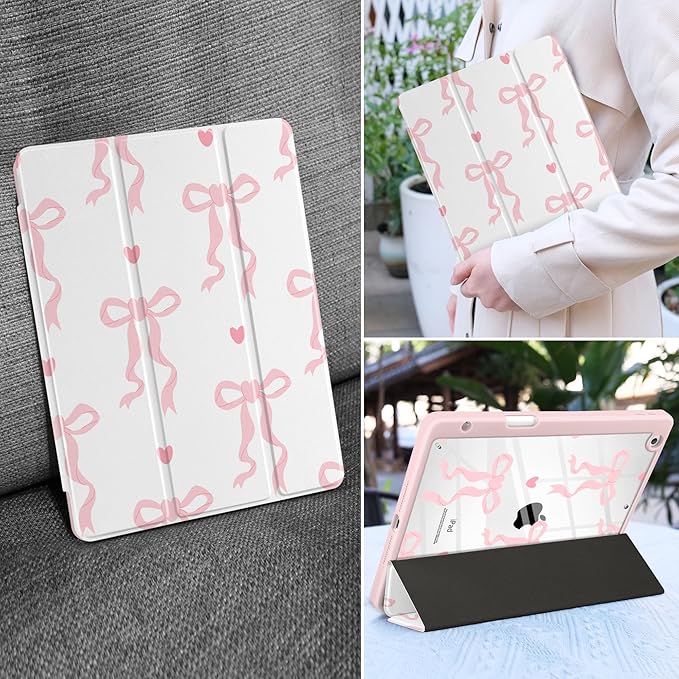 MEEgoodo Case for iPad 10.2 inchTablet Cases for iPad 9th Generation 2021/8th Gen 2020/7th Gen 2019 with Clear Acrylic Back Shell+Pencil Holder+Auto Wake/Sleep+Trifold StandTrendy Bow &amp Hearts