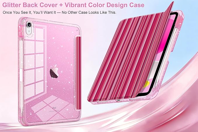 MEEgoodo Case for iPad A16 11th Generation 2025/10th Generation 2022 Glitter Tablet Cases with Transparent Acrylic Back+Trifold Stand +Pencil Holder+Auto Wake/SleepMixed Pink Stripes