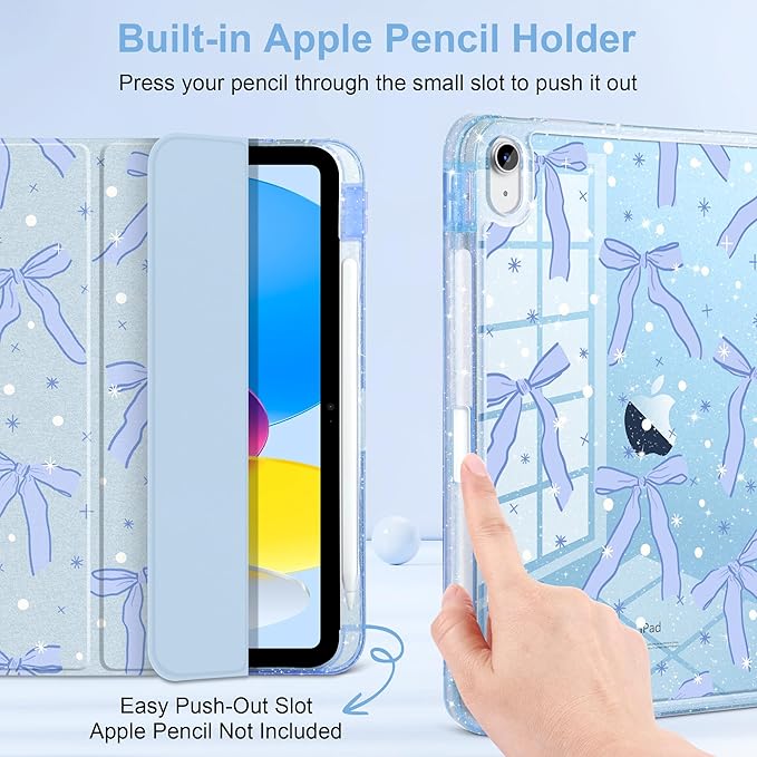 MEEgoodo Case for iPad A16 11th Generation 2025/10th Generation 2022 Glitter Tablet Cases with Transparent Acrylic Back+Trifold Stand +Pencil Holder+Auto Wake/SleepBlue Bow &amp Polka Dots