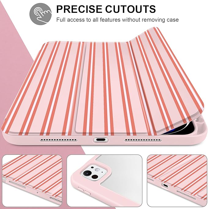 Case for iPad Pro 11 Inch (M5 2025 M4 2024) – [Built-in Pencil Holder] Shockproof &amp Stylish Clear Hard Back + Soft TPU Edge Magnetic Trifold Stand Auto Wake/Sleep Pink Stripes