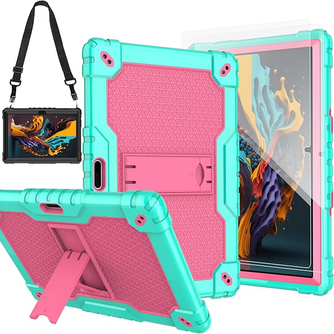 Case for Pritom M10 /quntiCO Y10 /Digiland DL1036 /Voger priorpad X100 /VUCATIMES N10/Gateway 10.1 HD Tab Case with Stand Rubber Hybrid Come with 9H Tempered Glass Film (Green/Pink/2 PCS)