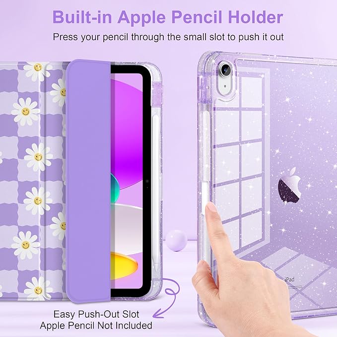 MEEgoodo Case for iPad A16 11th Generation 2025/10th Generation 2022 Glitter Tablet Cases with Transparent Acrylic Back+Trifold Stand +Pencil Holder+Auto Wake/SleepCool Flower &amp Purple Checkerbo