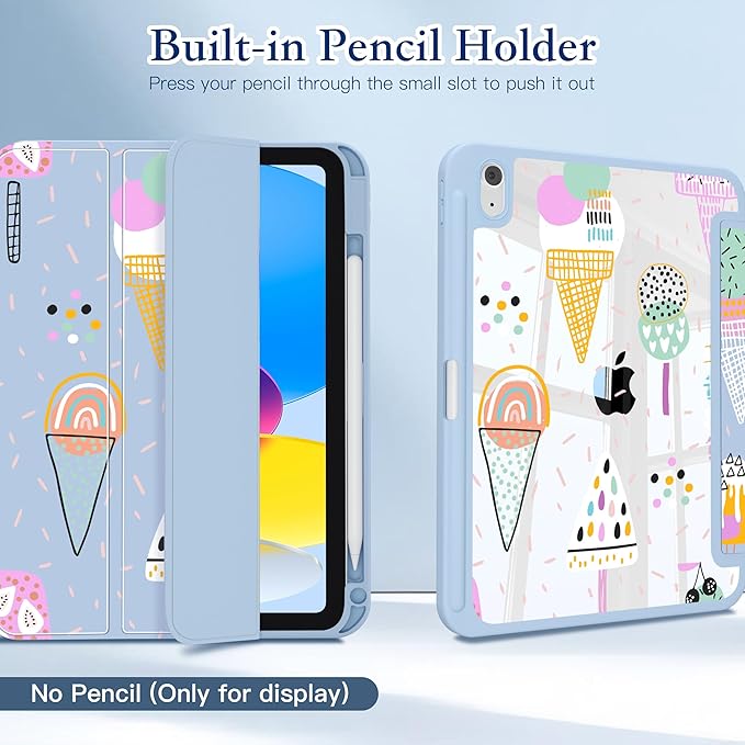 CISSOOK for iPad (A16) 11 inch Case 2025 /iPad 10th Generation 10.9 2022 with Pencil Holder Trifold Stand with Soft TPU + PC Transparent Hard Shell Back Cover Blue Ice Cream