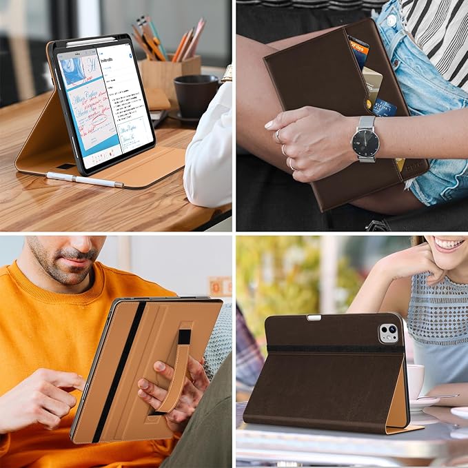 DTTO for iPad Pro 13 inch Case (M5/M4) 2025/2024 Premium Leather Business Folio Stand Cover with Pencil Holder - Auto Wake/Sleep &amp Multiple Viewing Angles Built in Hand Strap &amp Pocket Dark