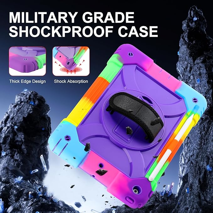for iPad 9th/8th/7th Generation CaseiPad 10.2 Case 2021/2020/2019 with Cute Key Chain Rugged Protective Case with 360°Rotating Stand &amp Shoulder Hand Strap &amp Pen Slot for 10.2 Inch (Rainbow