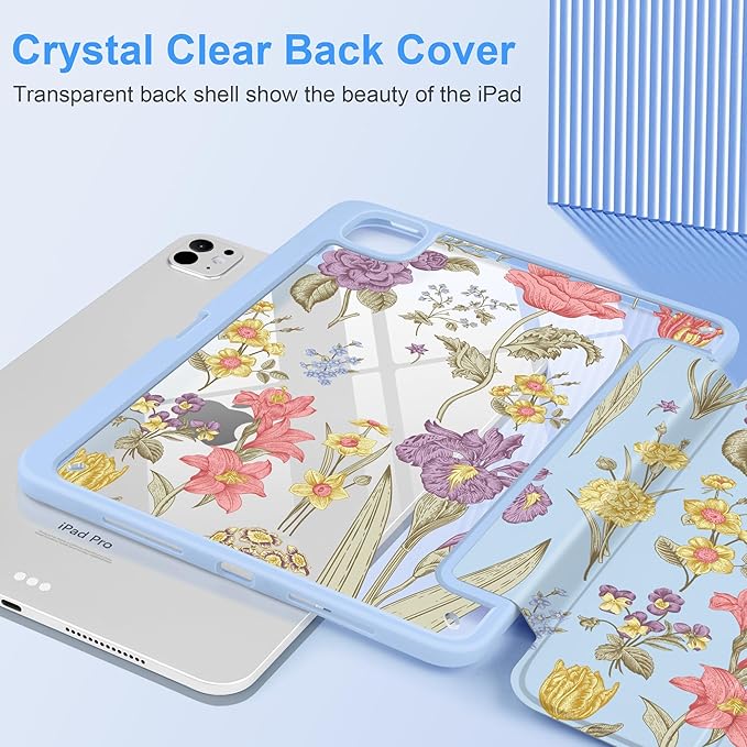 DONGKE for iPad Pro 11-Inch Case (M5 2025 / M4 2024) 6th/5th Generation [Auto Sleep/Wake &amp Pencil Pro Holder] Clear Acrylic Back Smart Trifold Stand Cover Blue Botanical Floral